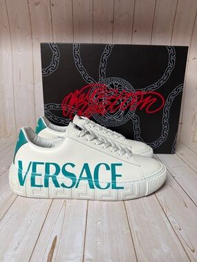 Versace Greca Logo Low Top Leather Sneaker White/Teal Sz 41 / 8
